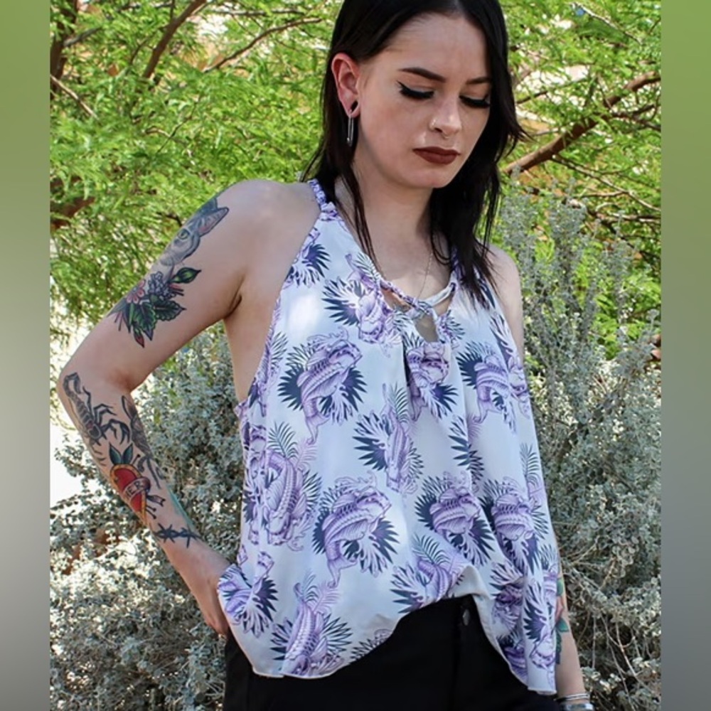 XS vixxon white with purple koi fish criss cross v neck flowy halter top